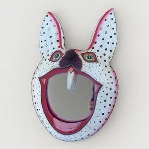Vintage Indonesia Folk Art Hand Painted Wood Bunny Rabbit Face With Teeth Mirror